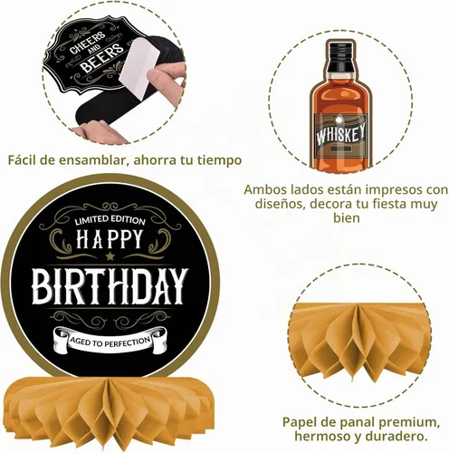 Vista 6 de Decoraciones de fiesta de cumpleaños con patrón de whisky para hombres, centro de mesa de whisky en forma de panal, decoraciones de mesa