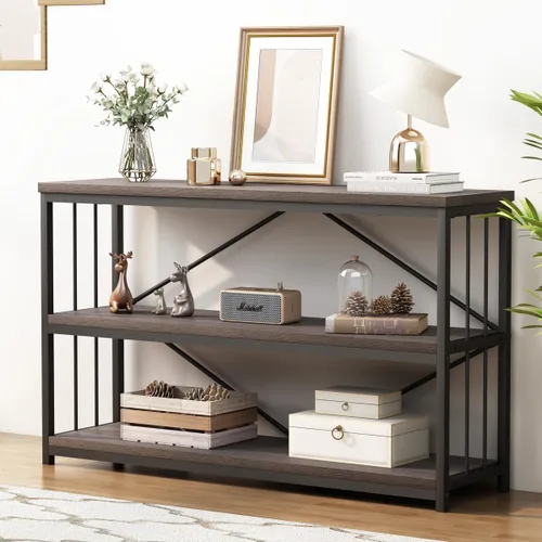 Vista 19 de LVB Mesa consola industrial, mesa de sofá de metal y madera, mesa de entrada rústica con almacenamiento, moderno estante de 3 niveles mesa larga