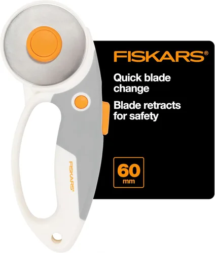 Fiskars Cortador giratorio de 60 mm para tela con mango de bucle ergonómico y mango cómodo, cortador giratorio de titanio para materiales gruesos,