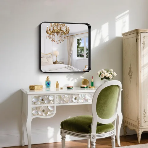 Vista 5 de FORBATH Espejo de baño de 24 x 24 pulgadas para pared, espejos de tocador con marco de metal negro para sobre el fregadero, espejo rectangular