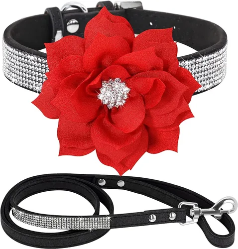 Vista 27 de Conjunto de collar y correa para perro y gato, material de piel de ante suave, deslumbrante y elegante con diamantes de imitación de cristal, collar