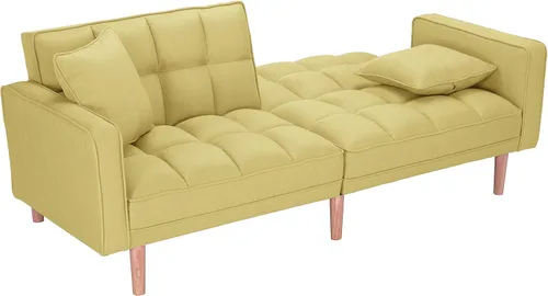 Vista 13 de Sofá cama tipo futón convertible, moderno sofá cama plegable tapizado de lino con dos almohadas, sofá cama de 75 pulgadas para sala de estar