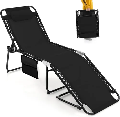 Vista 11 de Giantex Sillas de patio para exteriores, silla de bronceado plegable con reposacabezas, 4 posiciones ajustables, bolsillo lateral, tumbona al aire