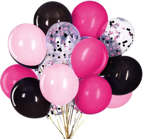 Globos rosa y negro, globos de látex con confeti rosa y negro para decoración de fiestas, 12 pulgadas, paquete de 50