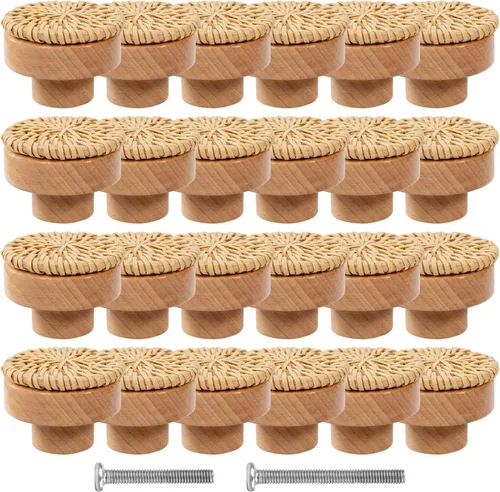 Vista 9 de ANPHSIN Pomos de mimbre boho para armario, cómoda, pomos de cajón de madera de haya, tiradores decorativos hechos a mano de mimbre tejidos con 12
