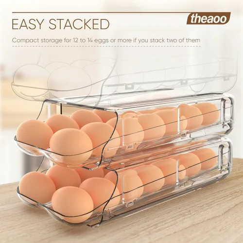Vista 5 de theaoo Soporte para huevos para refrigerador, contenedor de huevos enrollable automático para refrigerador, dispensador de huevos de plástico