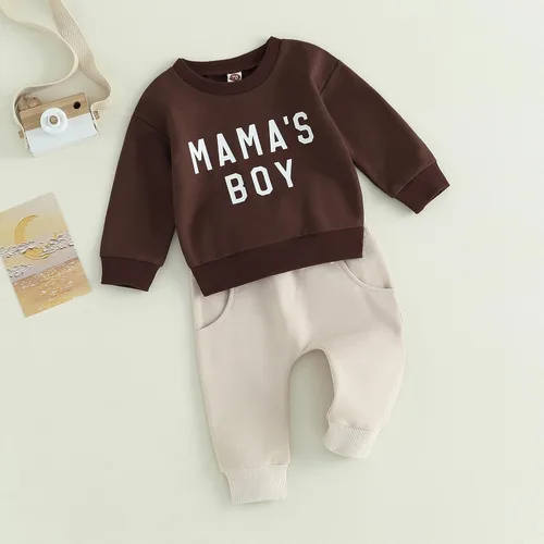 Vista 4 de Conjunto de 2 piezas de ropa para bebé niña y niño, sudadera con letras de mamá y niño, conjunto de 2 piezas