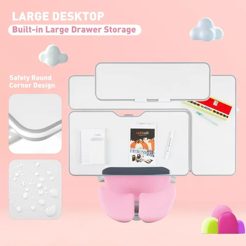 Vista 27 de COSVALVE Escritorio ajustable para niños con cajón, mesa de estudio ergonómica multifunción de 39 pulgadas de ancho con estante, escritorio Azul