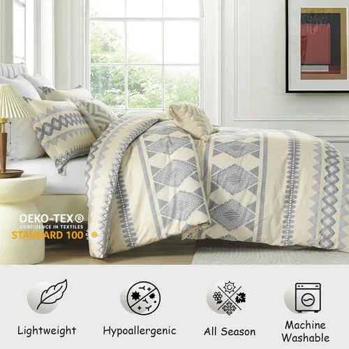 Vista 2 de Bedduvit Funda de edredón bohemia tamaño King, 100 % algodón, para todas las estaciones, funda de edredón de 3 piezas a rayas de verano tamaño King