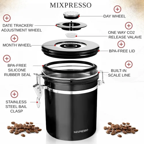 Vista 3 de Mixpresso Bote de café negro de 16 onzas, recipiente de café hermético de acero inoxidable, almacenamiento de té hermético en tarro con rastreador
