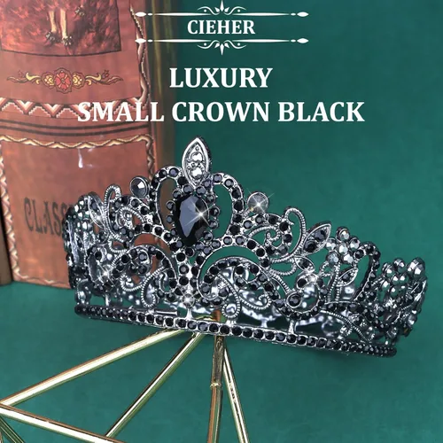 Vista 2 de CIEHER Corona pequeña negra para niñas, tiara de princesa, decoración de pastel de cumpleaños