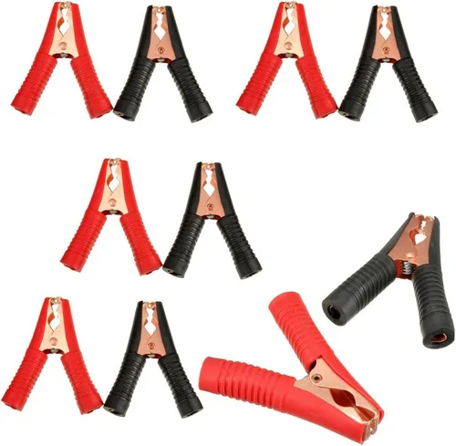 Vista 7 de Pinzas de cocodrilo aisladas duraderas de servicio pesado en negro y rojo para arranque de metal con resorte para batería de camión y coche, clips
