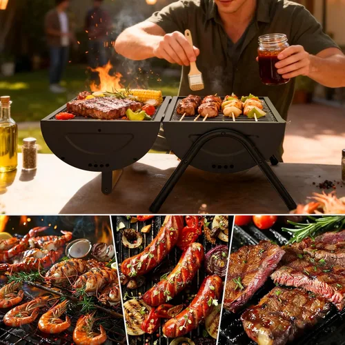 Vista 8 de Parrilla de carbón portátil con rejilla de calentamiento, mango de madera, parrilla de barbacoa de mesa para barbacoa al aire libre, camping