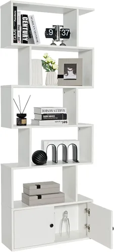Tangkula Estantería en forma de S con gabinete, estantería de 6 niveles con puertas, estanterías geométricas independientes para sala de estar,