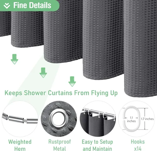 Vista 766 de Cortina de ducha de tela Dynamene verde oscuro - Cortinas de baño de tela de nido de abeja texturizadas resistentes, juego de cortinas de baño
