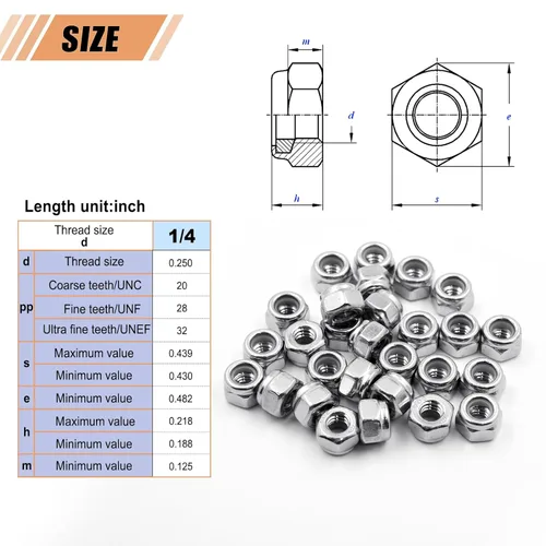 Vista 2 de WEGOUP Tuercas de bloqueo de acero inoxidable de 1/4"-20, paquete de 28 Tuercas hexagonales de inserción de nailon A2-70, autobloqueantes de acero