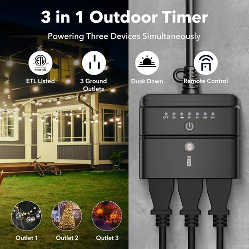 Vista 3 de BN-LINK - Temporizador de luz para exteriores, controlador impermeable de atardecer a amanecer con 2 tomas de tierra para luces de cadena de Navidad