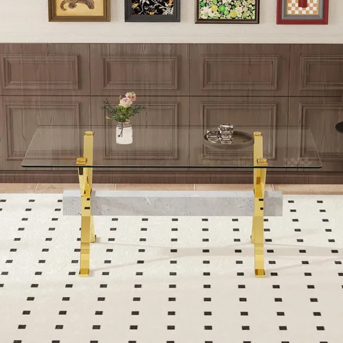 Vista 4 de Dining Table. Modern Tempered Glass Dining Table. Large Modern Office Desk with Gold Plated Metal Legs and Gray crossbars, Suitable for Both Home