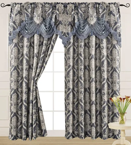 Vista 12 de V Panel de cortina jacquard de lujo con cenefa de cascada adjunta, 54 x 84 pulgadas, color beige Ashley