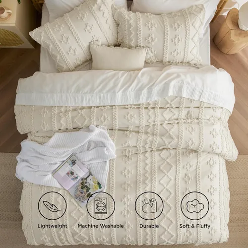 Vista 4 de Bedsure Juego de edredón bohemio copetudo, tamaño matrimonial, juego de edredón bohemio beige de 3 piezas, juego de cama bordado estilo rústico