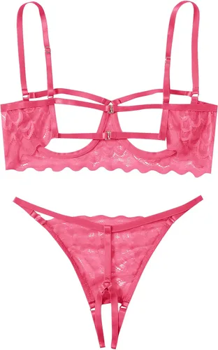 Vista 2 de SweatyRocks - Bralette de encaje transparente para mujer de 2 piezas, sostén y panty