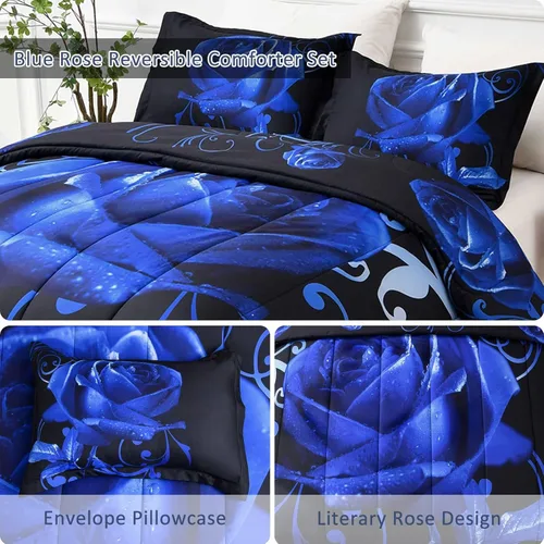 Vista 4 de WONGS BEDDING Juego de edredón azul tamaño matrimonial, juego de edredón reversible con estampado de rosas azules con 2 fundas de almohada