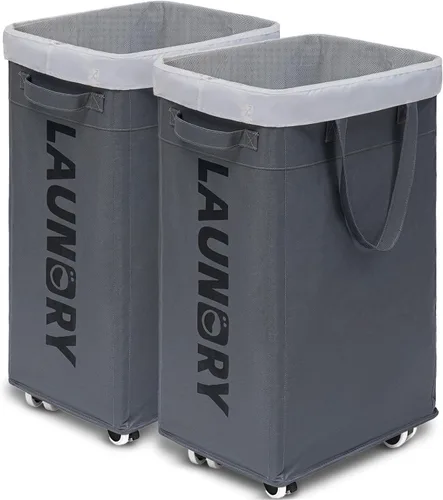 Vista 18 de Goodpick Canasta de lavandería enrollable con ruedas 75L, Canasta de lavandería negra para ropa sucia, Canasta de lavandería plegable con lavado