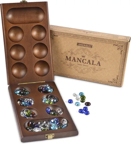 Vista 8 de Juego de mesa de madera AMEROUS Mancala con 72+8 piedras de cristal multicolor de bonificación - Tablero plegable - Instrucciones de Mancala, juego