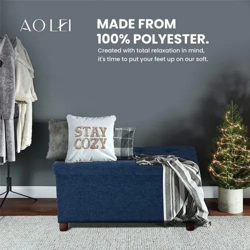 Vista 83 de Banco otomano de almacenamiento de 30 pulgadas, gris recto, moderno, estilo clásico, tela de lino, patas de madera de nogal