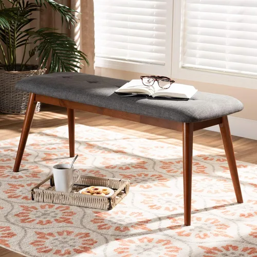 Vista 2 de Baxton Studio Flora II Mid-Century - Banco de comedor de madera con acabado de roble medio, tapizado de tela gris oscuro