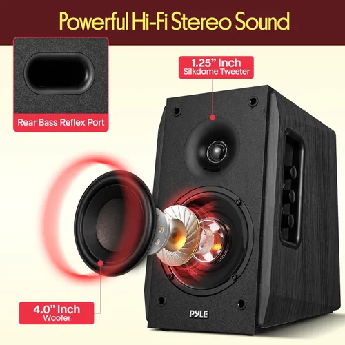 Vista 2 de Pyle Sistema de altavoces de estantería con Bluetooth, altavoces estéreo activos de 80 W, gabinete de madera natural Bass Reflex, arco de alta