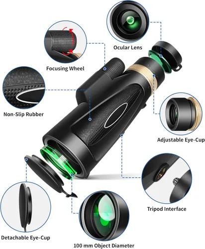 Vista 2 de Telescopio monocular de alta potencia de 80 x 100 con trípode adaptador para smartphone, monoculares de visión más grande para adultos con prisma