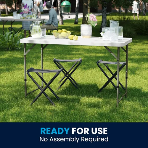 Vista 8 de Flash Furniture Mesa rectangular de plástico plegable de 4 pies con patas ajustables y asa de transporte, mesa de banquete portátil biplegable