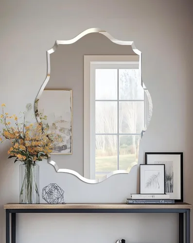 Vista 25 de Espejo de pared ovalado sin marco: Espejo decorativo elíptico de vidrio espejado para tocador con borde plateado biselado para baño, dormitorio