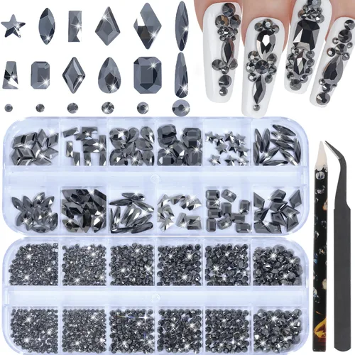 Vista 15 de HNUIX Diamantes de imitación para uñas, cristal 3D de múltiples formas, gemas de uñas Aurora de cristal, parte trasera plana, con kit para arte