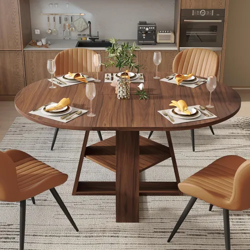 Vista 7 de Aivermel - Juego de mesa de comedor extensible redonda a ovalada para 4 a 6, mesa de cocina de madera con almacenamiento oculto y sillas tapizadas