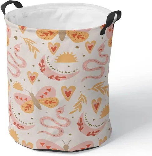 Vista 9 de Cesta de baño redonda de mediados de siglo, estilo bohemio, plegable, con asas, moderna, abstracta, con asas, impermeable, independiente