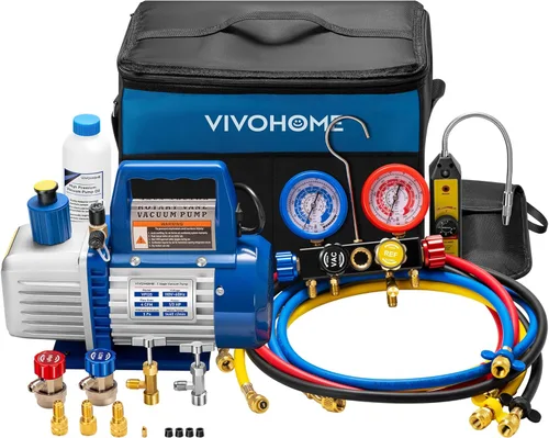 Vista 8 de VIVOHOME Bomba de vacío de HVAC de 1 etapa mejorada de 4CFM 1/3 HP y medidor de colector de CA de 4 vías con detector de fugas mangueras de 5 pies