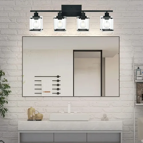 Vista 2 de Lámparas de baño, luces de tocador de 4 luces, luces de baño negras sobre espejo, apliques de pared modernos, base E26, luces de pared de baño