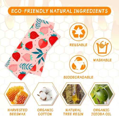 Vista 2 de Envoltura de cera de abeja reutilizable, paquete de 9 envolturas ecológicas de cera de abeja para alimentos, orgánica, sostenible, biodegradable