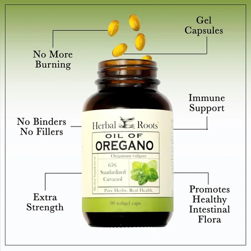 Vista 4 de Herbal Roots Aceite de orégano - Hecho de aceite de orégano mediterráneo - 90 cápsulas de cápsulas blandas fáciles de tragar - Extra Strength 150mg