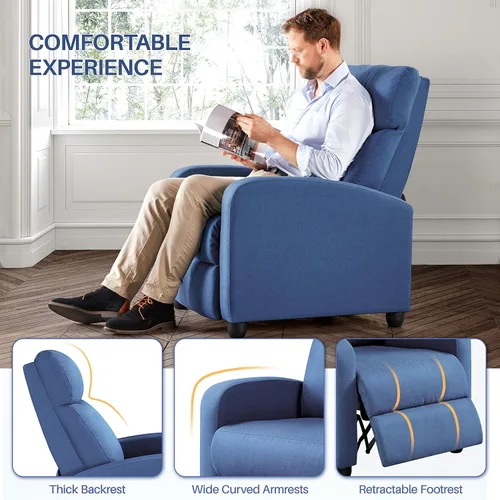 Vista 6 de Yaheetech Asiento de cine en casa Silla reclinable de tela moderna individual sala de estar sofá reclinable con bolsillo, resorte azul claro