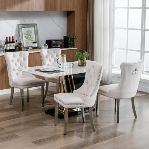 Vista 5 de Parson's Chairs - Silla de comedor tapizada de terciopelo de madera maciza con patas chapadas de acero inoxidable cromado, ribete de cabeza de clavo