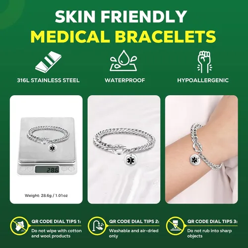 Vista 2 de Pulseras de identificación médica con código QR mejoradas para mujeres, pulsera de alerta médica - Cadena de eslabones de 7'' 9'' de plata de ley