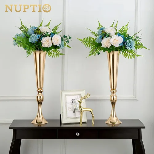 Vista 3 de NUPTIO Mesa de centro de mesa alta dorada: jarrones de trompeta de 21.9 pulgadas para boda, soporte de flores de metal para decoraciones de fiesta