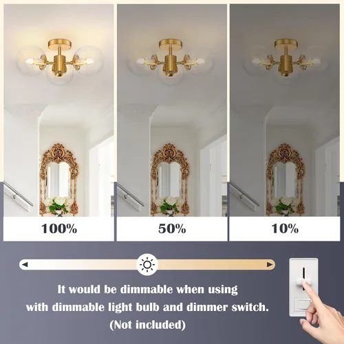 Vista 5 de Lámpara de araña de 3 luces de vidrio de globo transparente de estilo mitad de siglo de 19 pulgadas de latón moderno montaje semiempotrado lámparas