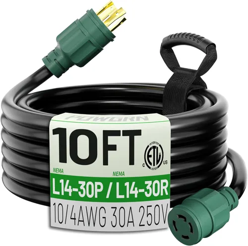POWGRN Cable de extensión para generador de 30 amperios de 10 pies, 4 puntas, resistente NEMA L14-30P a NEMA L14-30R, 125/250V 7500W, cable de Verde