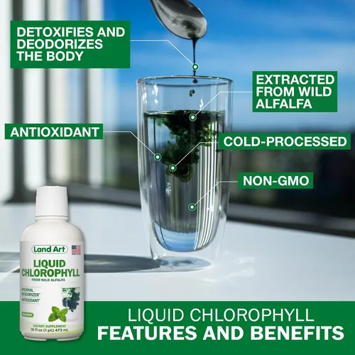 Vista 3 de Land Art Pure Aloe Vera Gel Bebible Sin Sabor 64 fl oz + Clorofila Líquida Sabor Menta 16 fl oz