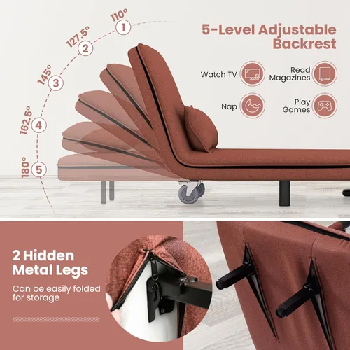 Vista 34 de KOMFOTT Silla convertible, silla de dormir con respaldo ajustable de 5 posiciones y almohada lumbar, 2 patas de metal ocultas y 2 ruedas