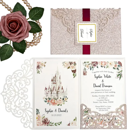 Vista 10 de 50 invitaciones de boda personalizadas de 4.7 x 7 pulgadas, cortadas con láser burdeos, con sobres, bolsillo hueco rosa y purpurina dorada